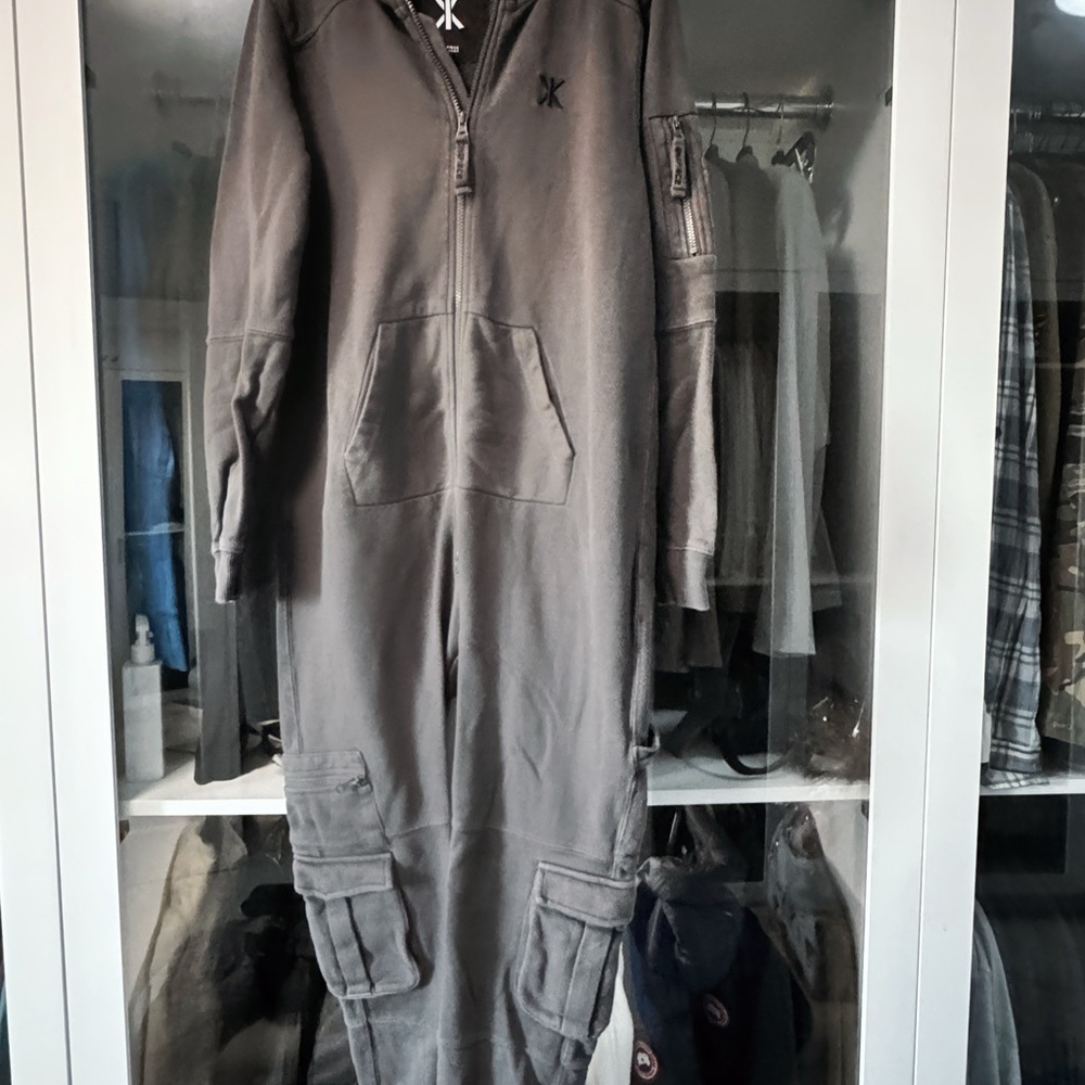 Onepiece onesie gray hooded jumpsuit with pockets